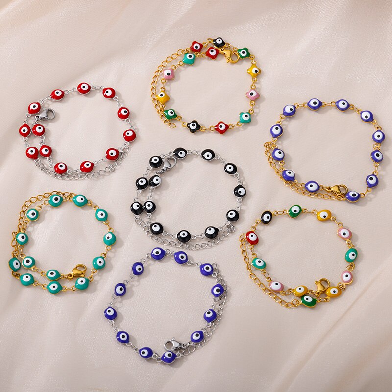 Turkish Lucky Evil Eye Bracelet For Women Colorful Beads Stainless Steel Chains Charm Bracelets 2023 Trend Amulet Jewerly pulser