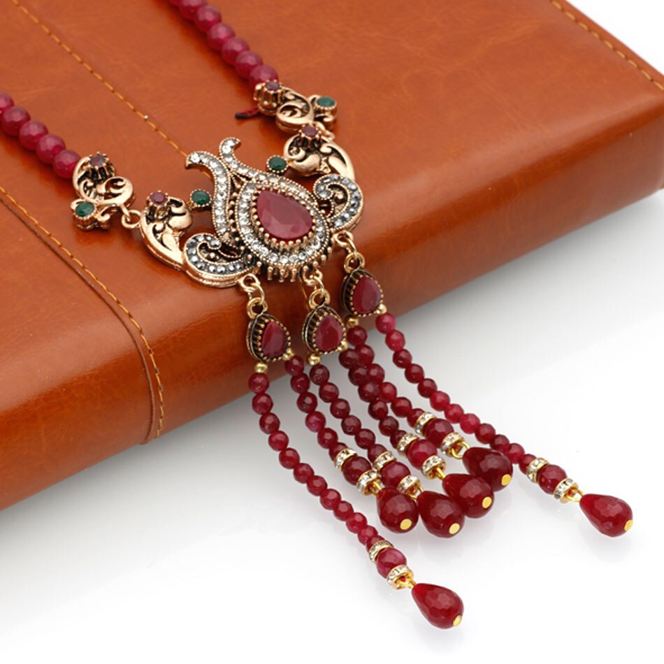 Turkish Natural Stone Beads Long Necklace Vintage Tassels Jewelry For Women Wedding Nigeria Beads Pendant Flower Choker 2022 New