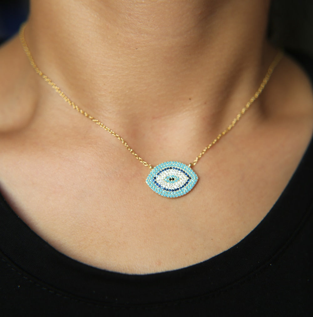 Turkish Style fine 925 silver Necklace for Women Long 18 Chain Crystal turquoises stone Eyes Necklaces & Pendants
