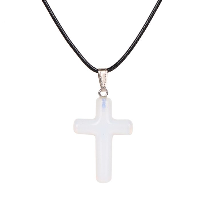 Turquoise Aventurine Obsidian Stone 1.6 Cross Pendant Necklace Leather Chain Fashion Jewelry Healing Chakra Reiki Necklace