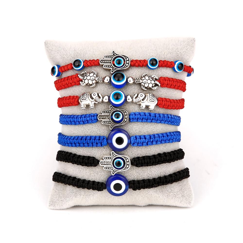 Turtle Elephant Hamsa Hand Blue Evil Eye Glass Beads Pendant Lucky Red Braided Rope Chain Bracelet For Women Men With Good Luck