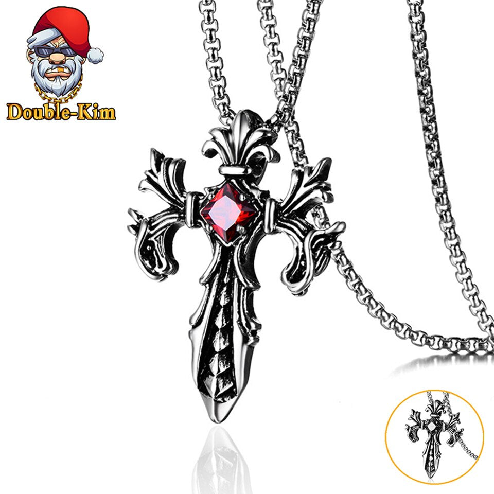 Twin Dragon Cross Pendant Necklace Men Hiphop Rock Street Culture Titanium Stainless Steel Chain Necklace Man Jewelry