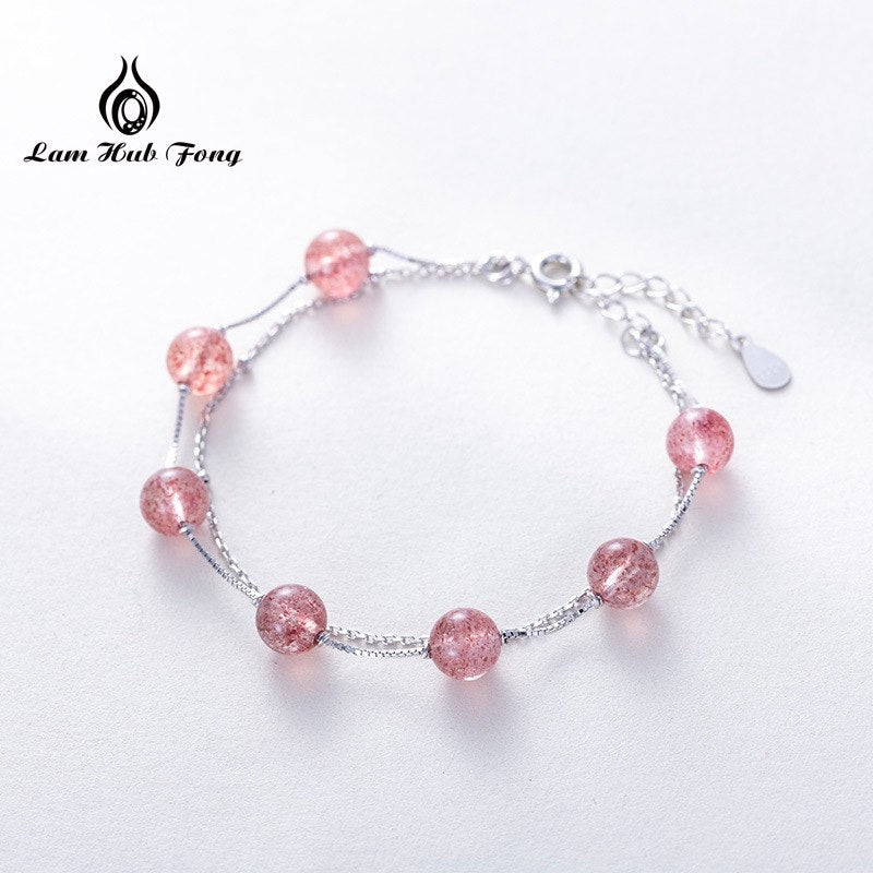 Two Layer Strawberry Natural Crystal Bracelets for Women Gifts 6mm Beads With Trendy 925 Sterling Silver Contracted Jewelry