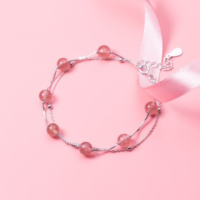 Two Layer Strawberry Natural Crystal Bracelets for Women Gifts 7mm Beads Trendy 925 Sterling Silver Fashion Jewelry