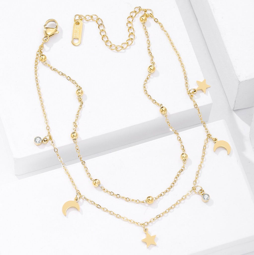 Two Layers Chain Anklets For Women Bracelets Summer Barefoot Sandals Heart Moon Star Style Gold Color Jewelry On Foot Leg
