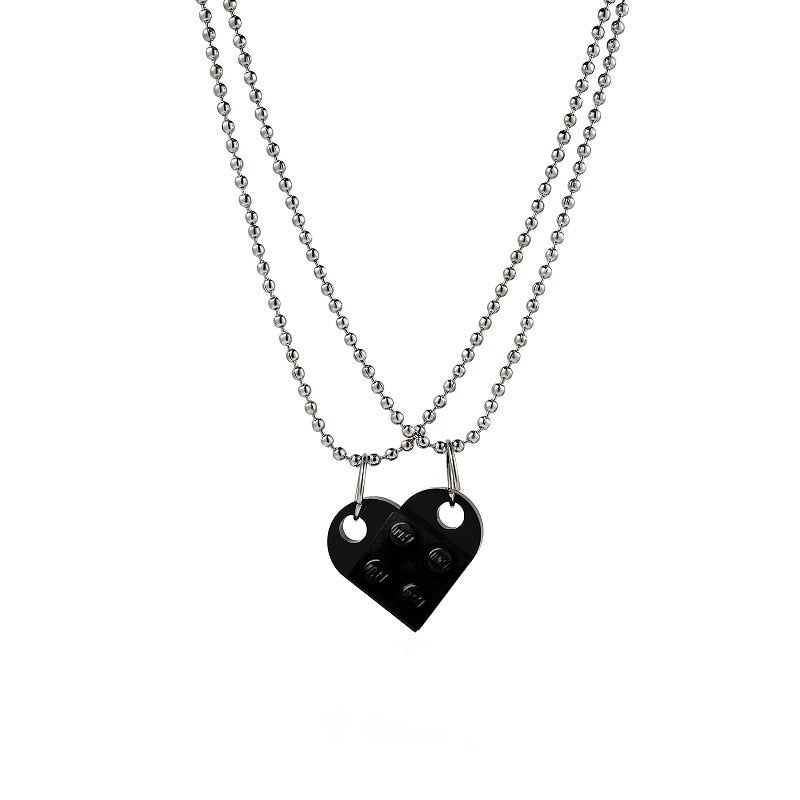 Two Piece Cute Brick Heart Pendant Necklace  Design Lego Heart  Necklace for Women Men Girl Boy Jewelry