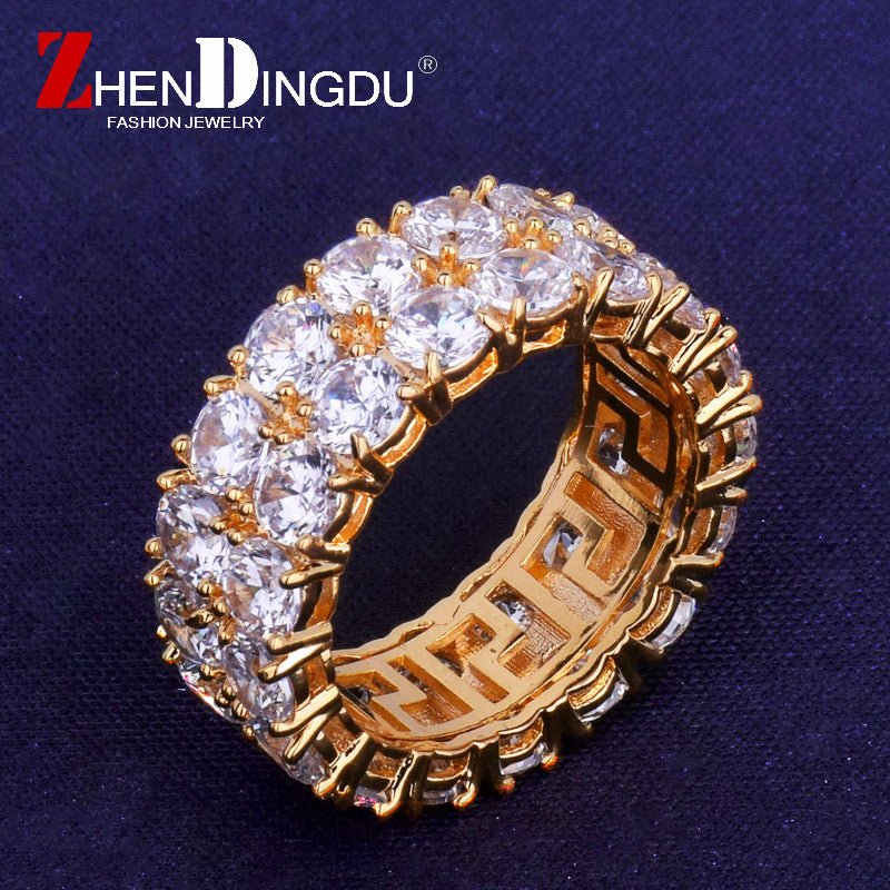 Two Row Solitaire Men's Ring Copper Charm Gold Silver Color Cubic Zircon Iced Out RING Fashion Hop Jewelry
