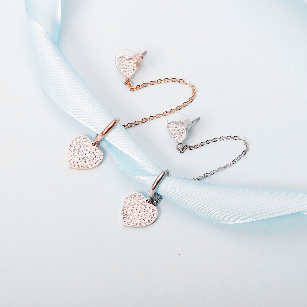 Two pairs Stainless Steel Hoops Silverly Earrings Crystal Double Heart  For woman’s Birthday Party Gift Earrings Chain 2022Trend