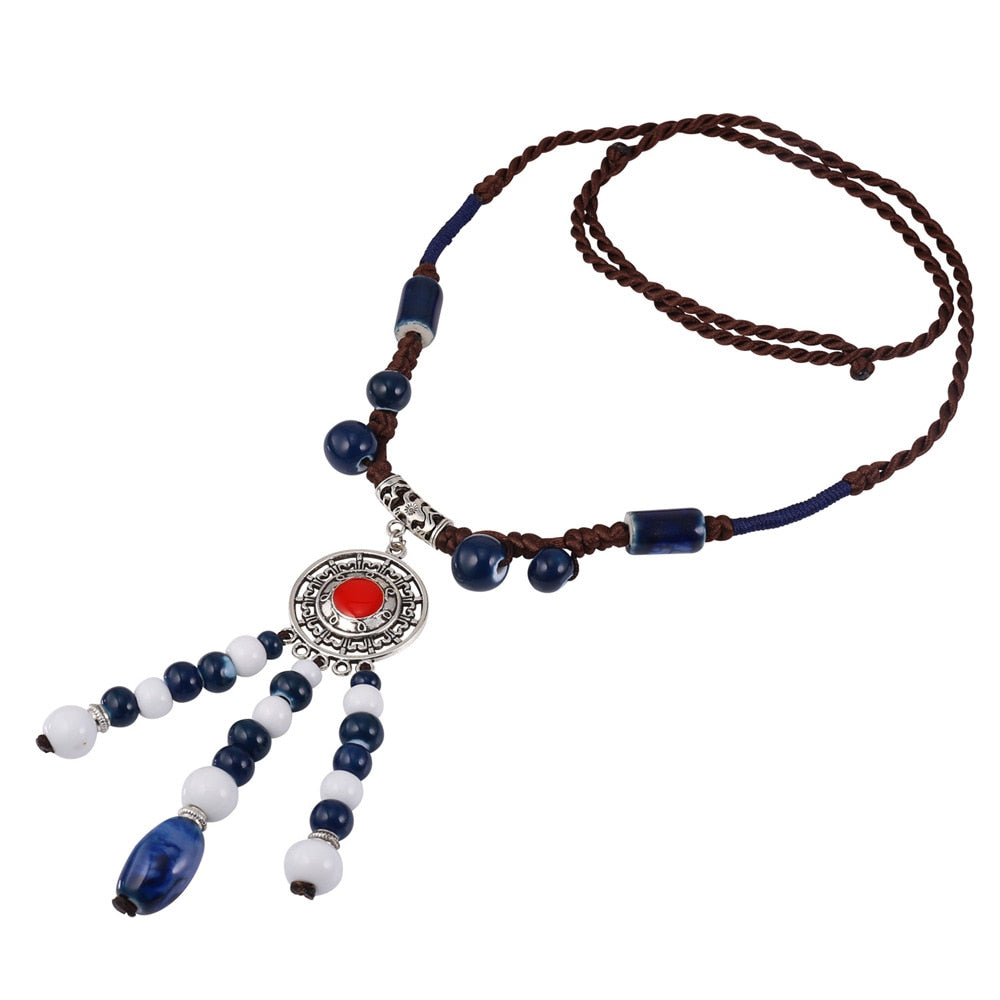 Boho Multicolor Beads Necklace Pendant Silver Color 121MM Long Necklaces For Women Fashion Jewelry Wholesale N478