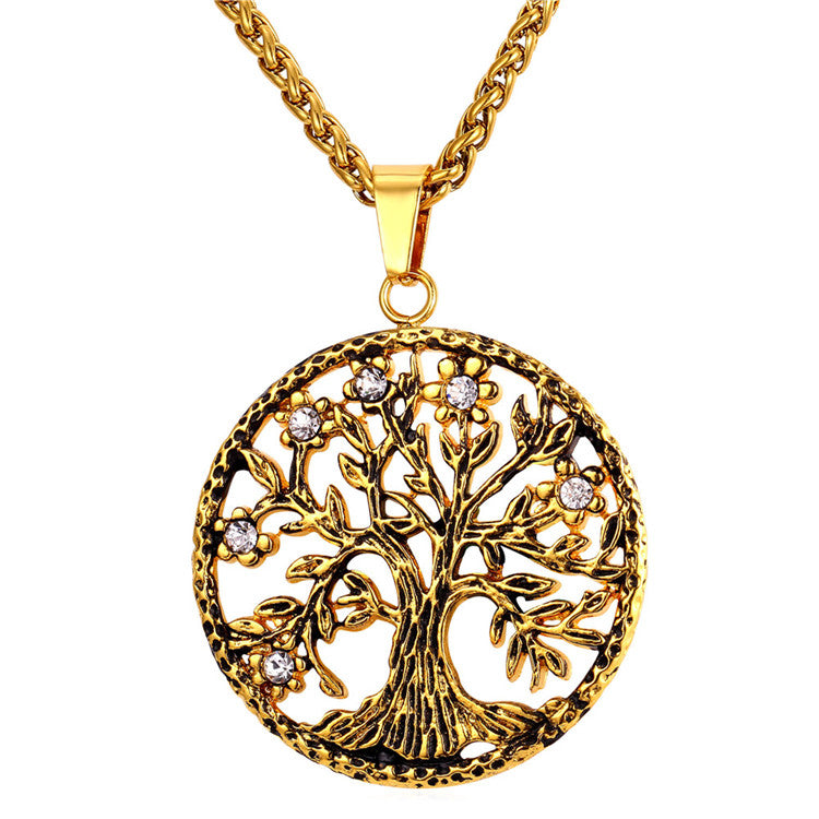 Brand Tree of Life Charms Pendant Necklace Rhinestone Gold Color Stainless Steel Men/Women Chain Lucky Jewelry Gift P865