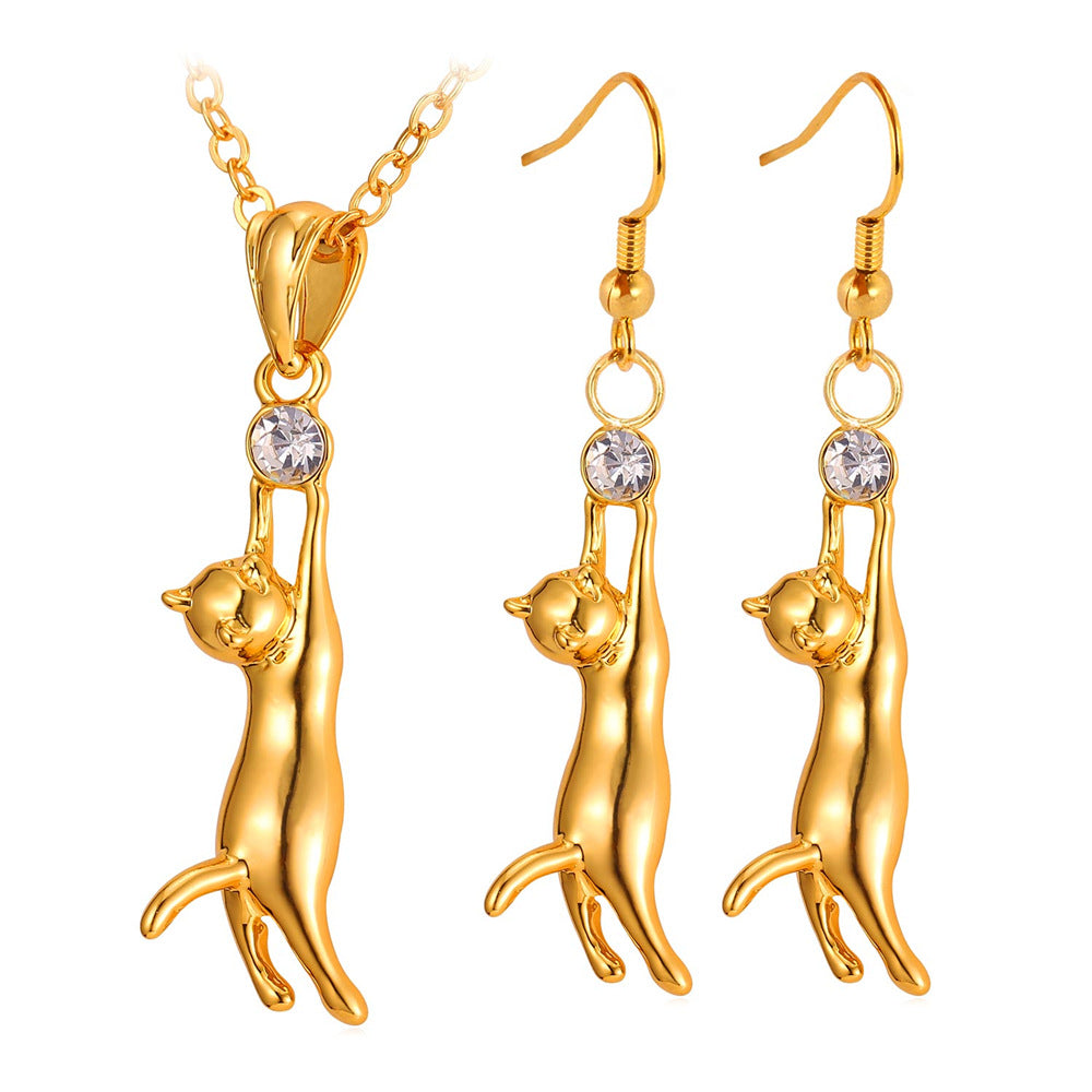 Cat Charm Necklace And Earrings Set Cute Silver/Gold Color Gift For Women Fashion kawaii Bridal Wedding Jewelry Sets S3103