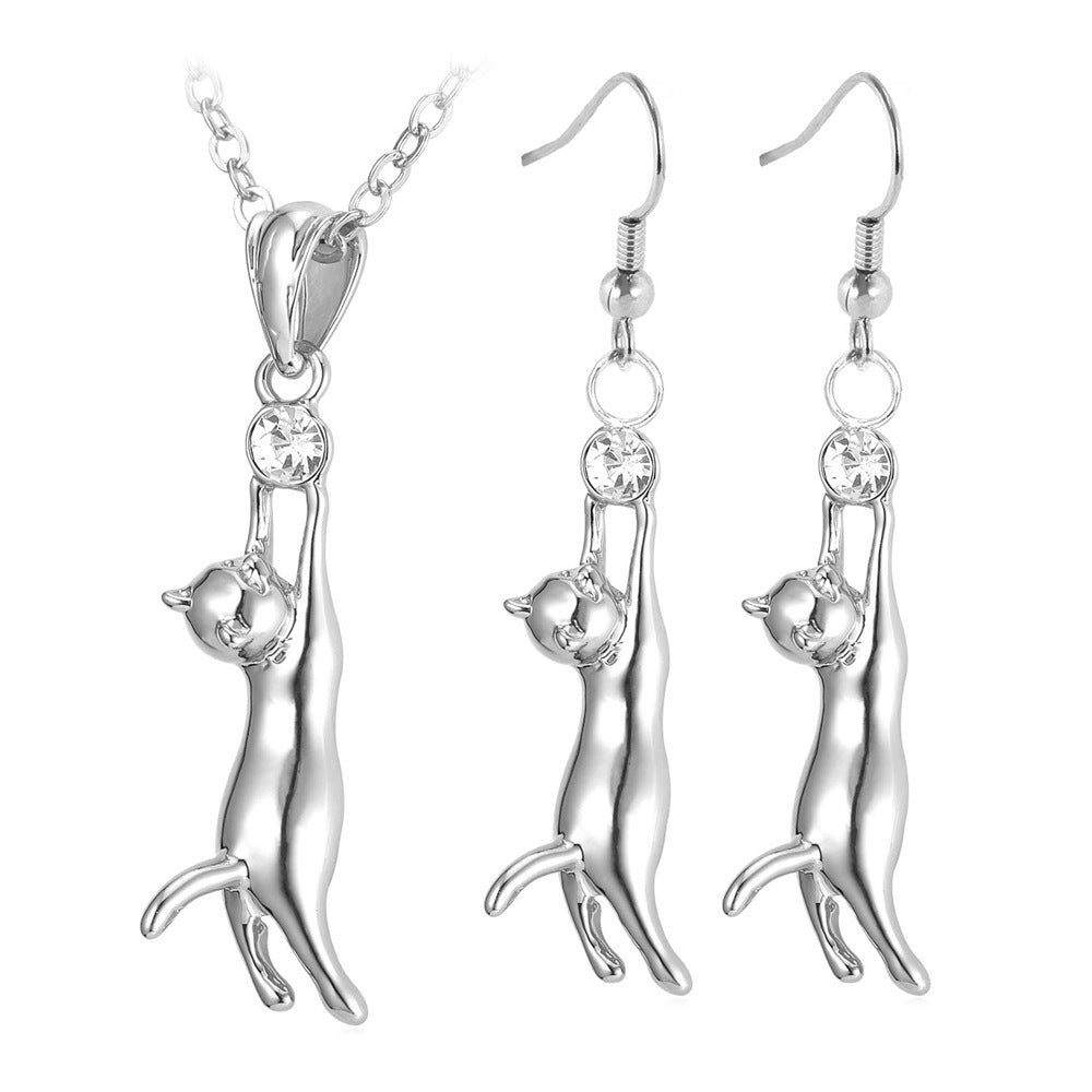 Cat Charm Necklace And Earrings Set Cute Silver/Gold Color Gift For Women Fashion kawaii Bridal Wedding Jewelry Sets S3103
