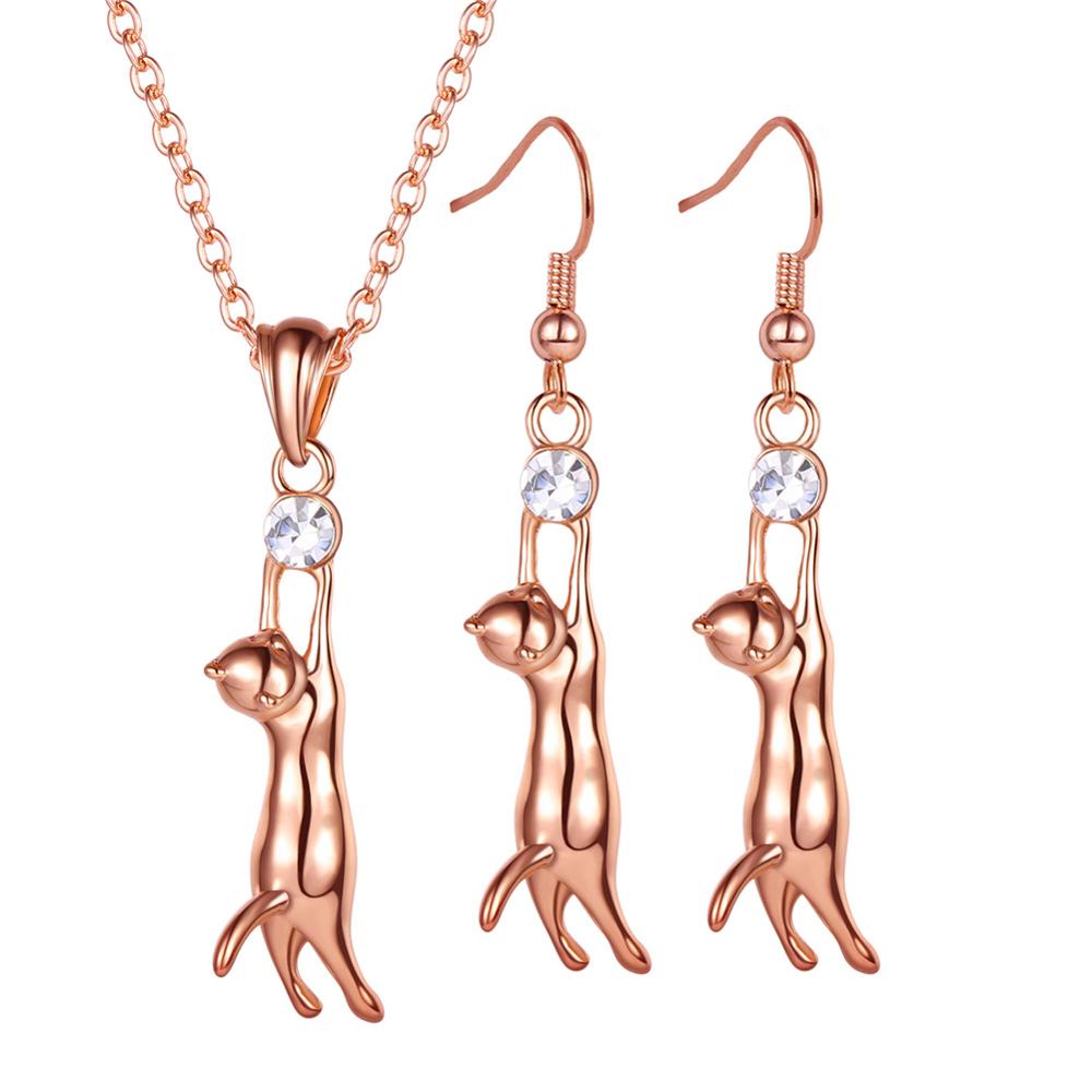 Cat Charm Necklace And Earrings Set Cute Silver/Gold Color Gift For Women Fashion kawaii Bridal Wedding Jewelry Sets S3103