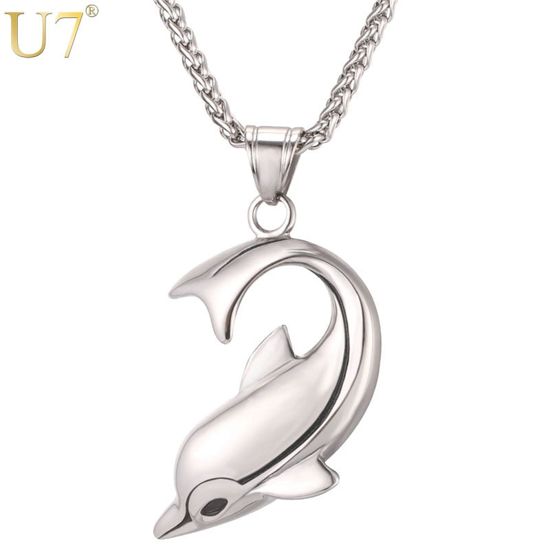U7 Dolphin Necklace Silver Color Stainless Steel Pendant &amp; Chain For Women Gift Lovely Cute Animal Charm Jewelry 2022 P1037