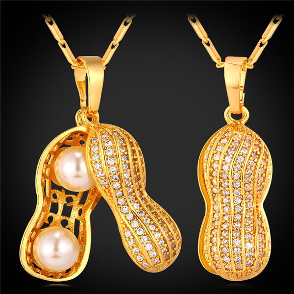 Fashion Peanut Pendant Necklace For Women Gold Color Zircon White Round Simulated PearlJewelry Wholesale P677