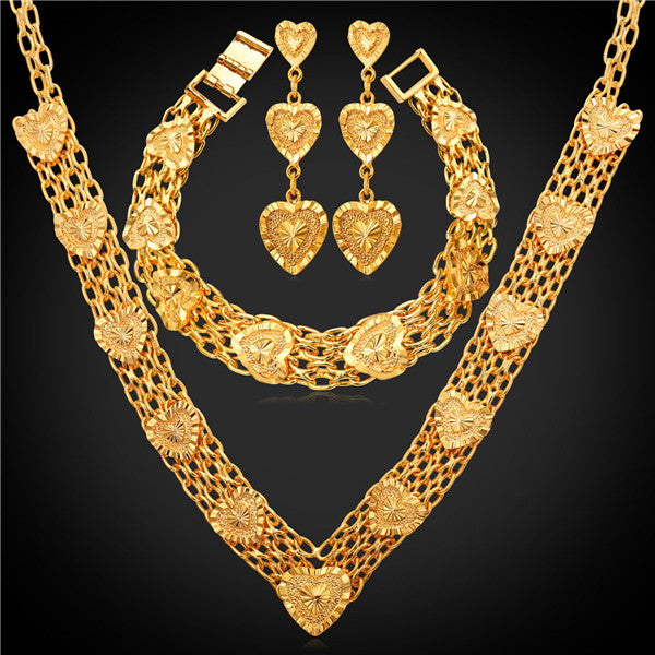 Heart Necklace Drop Earrings & Bracelet Set For Women Gift Sale Yellow Gold Color Bridal Wedding Jewelry Sets Vintage S457