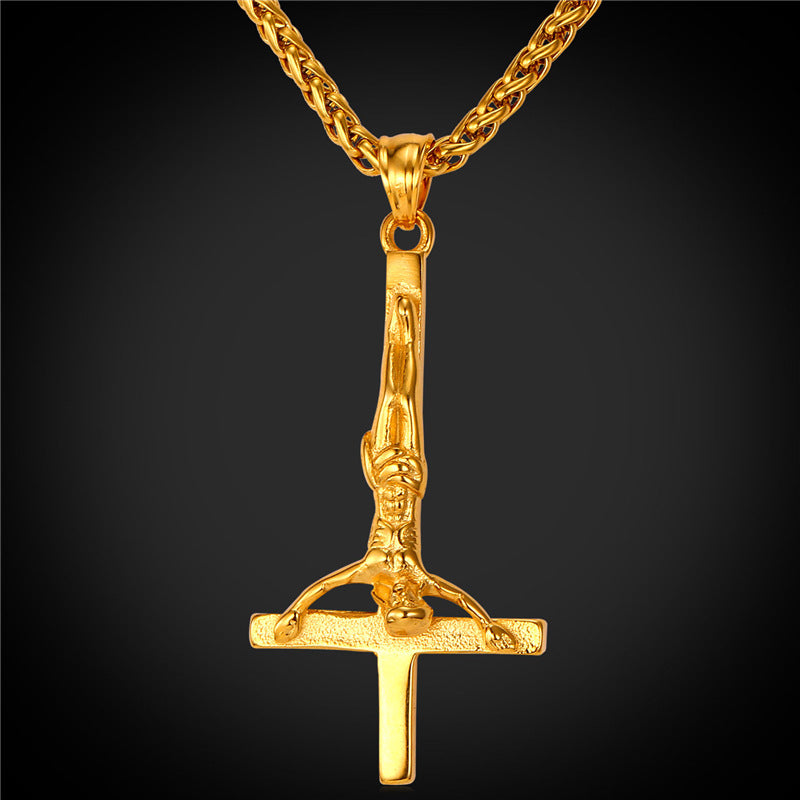 Inverted Cross Necklace Men Gothic Satanic Jewelry Gold Color Stainless Steel Upside Down Cross of St. Peter Pendant P813