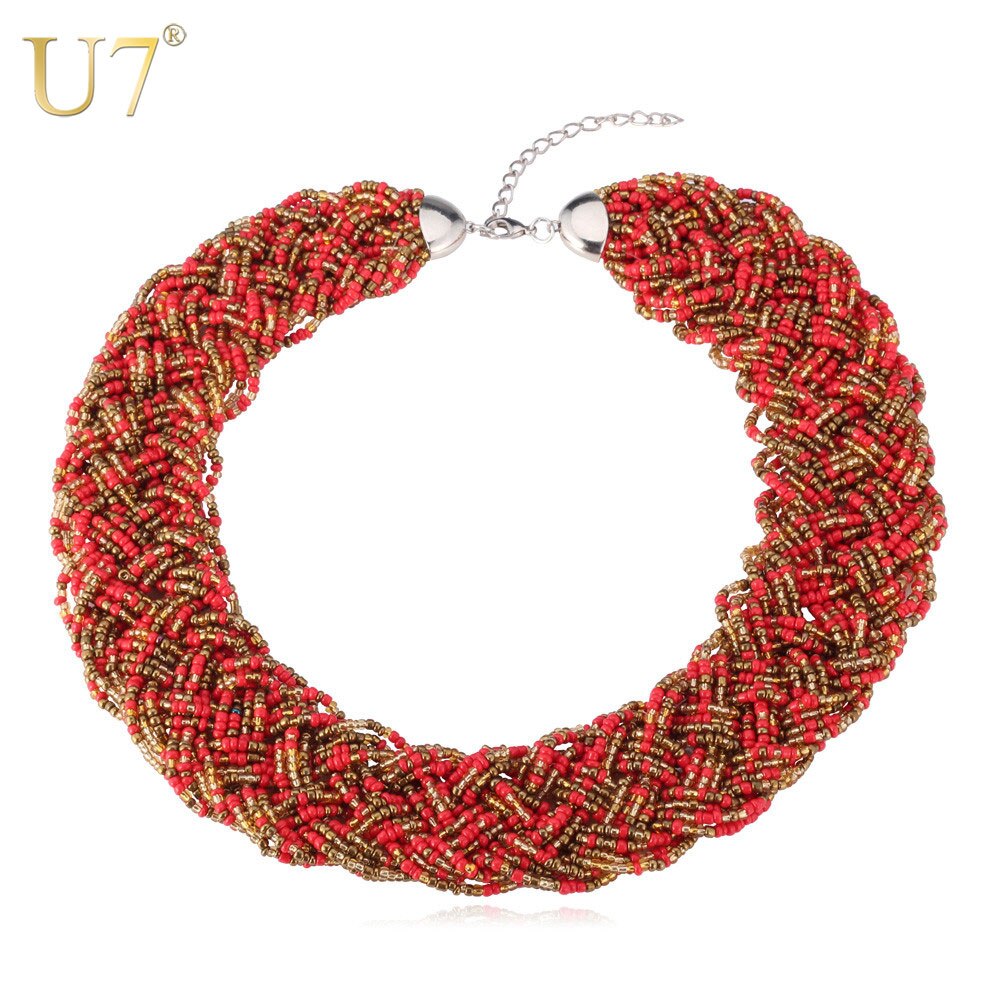 U7 Maxi Necklace Women Red/Black Nigeria Bead Choker Bohemia Necklace Statement Necklace Jewelry For Women N374