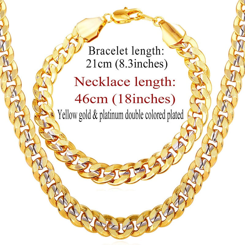 Men Jewelry Set Two Tone Gold Color Hop Tre 9MM Chunky Big Cuban Link Chain Necklace And Bracelet Set S823