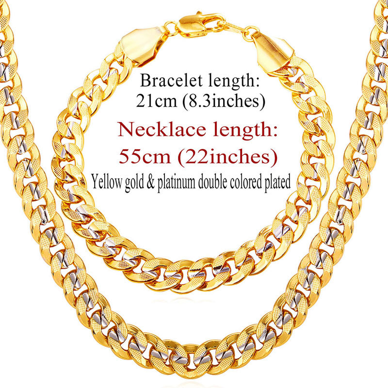 Men Jewelry Set Two Tone Gold Color Hop Tre 9MM Chunky Big Cuban Link Chain Necklace And Bracelet Set S823