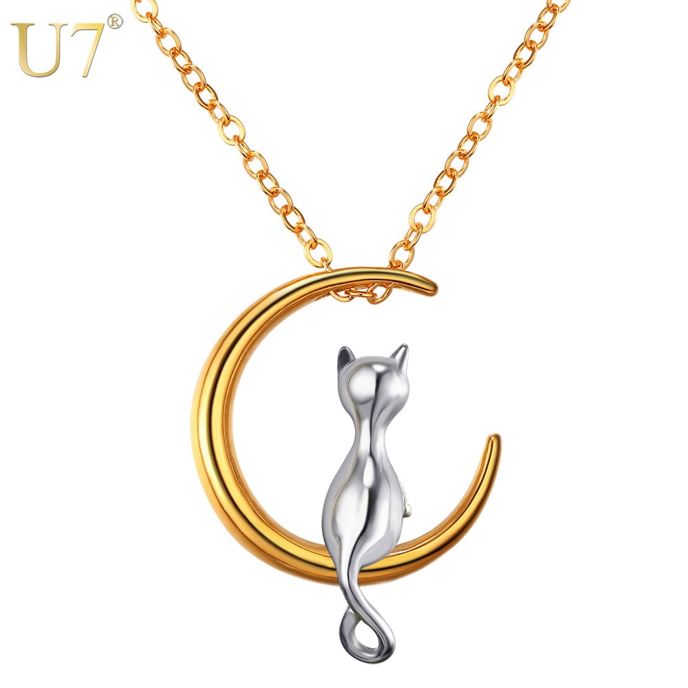 Moon Meditation Cat Necklace Silver & Gold Color Stainless Steel Crescent Pendant & Chain 2020 Hot Jewelry Women Gift P1031