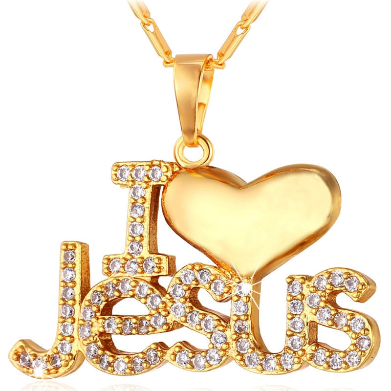 Necklace CZ Jesus Heart Pendant & Chain I Love Jesus Gift For Women/Men Silver/Gold Color Christian Jewelry Necklaces P610
