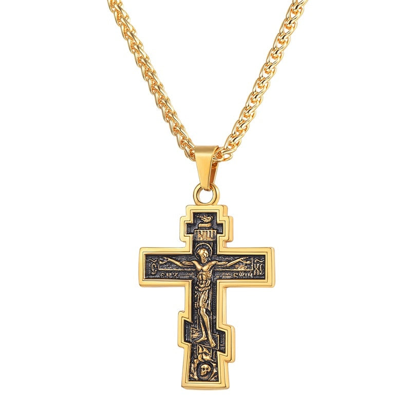 Orthodox Eastern Church Cross Necklace Crucifix Jesus Vintage Gold Color Stainless Steel Men Christian Jewelry Christmas Gift