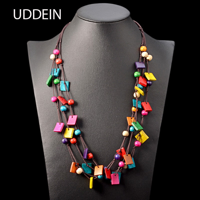 UDDEIN Bohemia Statement Necklace & Pendant Multi Layer Beads Wood Pendant Long Necklace Vintage bib Jewelry Handmade Collar