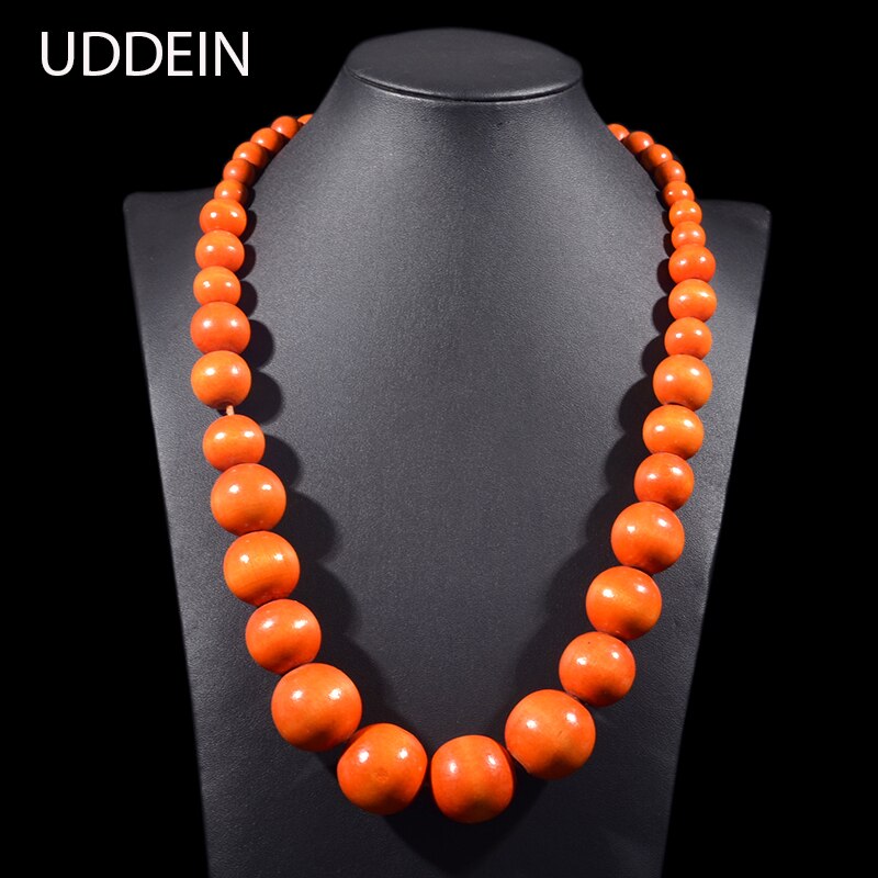 UDDEIN Bohemian Orange Big Round Long Wood Necklace & Pendent Handmade Chain Link Necklace For Women Bib Beads Party Jewelry