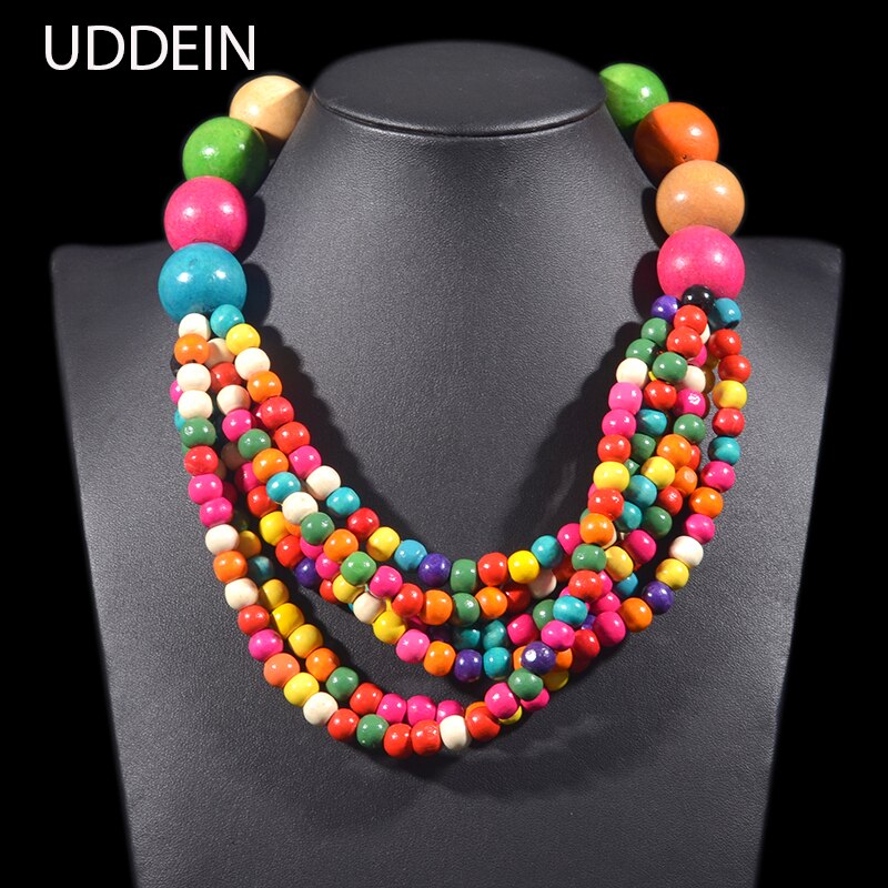 UDDEIN Multi Layer Colorful Wood Necklace For Women Big Round Wood Chain Bib Beads Statement Choker Collar Party Jewelry
