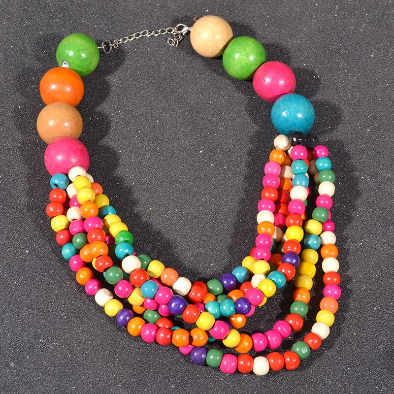UDDEIN Multi Layer Colorful Wood Necklace For Women Big Round Wood Chain Bib Beads Statement Choker Collar Party Jewelry