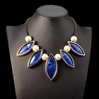 multi layer black leather chunky chain blue resin gem pendant simulated pearl jewelry statement choker necklace collares