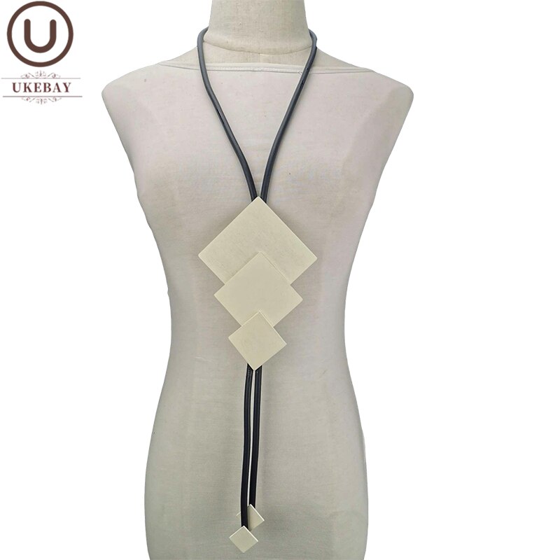 UKEBAY Long Necklaces Square Wood Pendant Necklace Rubber Jewelry Vintage Handmade Jewellery Big Sweater Chain For Party