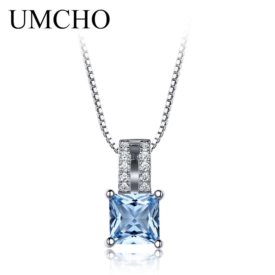6*6mm Gemstone Nano Sky Blue Topaz 925 Sterling Silver Necklaces Pendants Engagement Wedding Necklace For Women With Chain