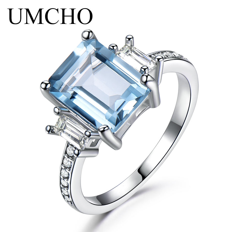 925 Sterling Silver Aquamarine Rings For Women Sky Blue Topaz Promise Princess Cut Gemstone Ring Fine Jewelry New