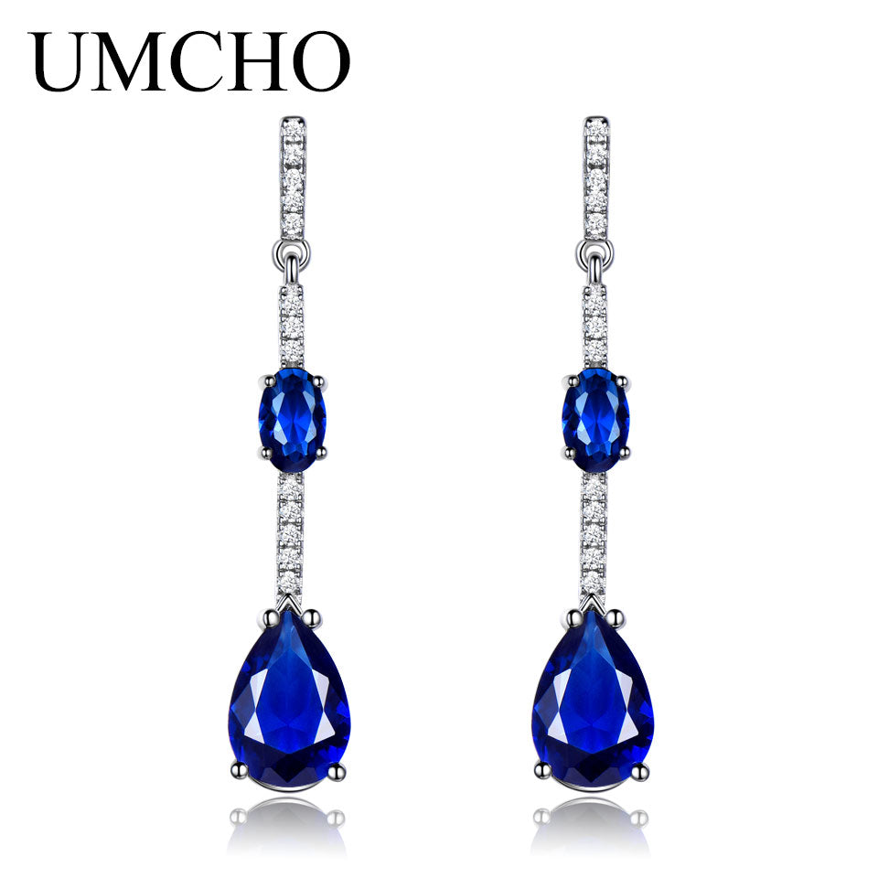 925 Sterling Silver Earring Geometric Created Nano Blue Sapphire Drop Earrings For Women Birthd Gift Charms Fine Jewelry