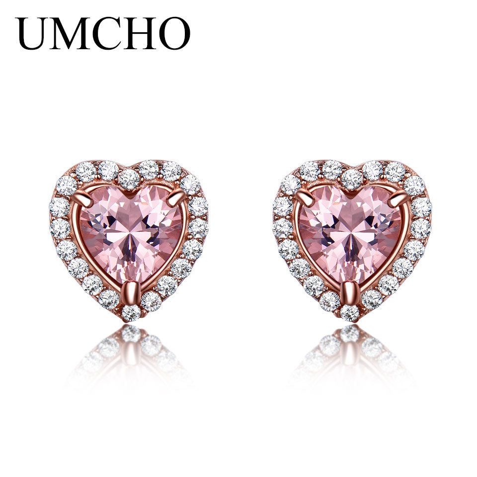 925 Sterling Silver Jewelry Created Heart Morganite Silver Stud Earrings Sweet Romantic Style For Lover Anniversary Gifts