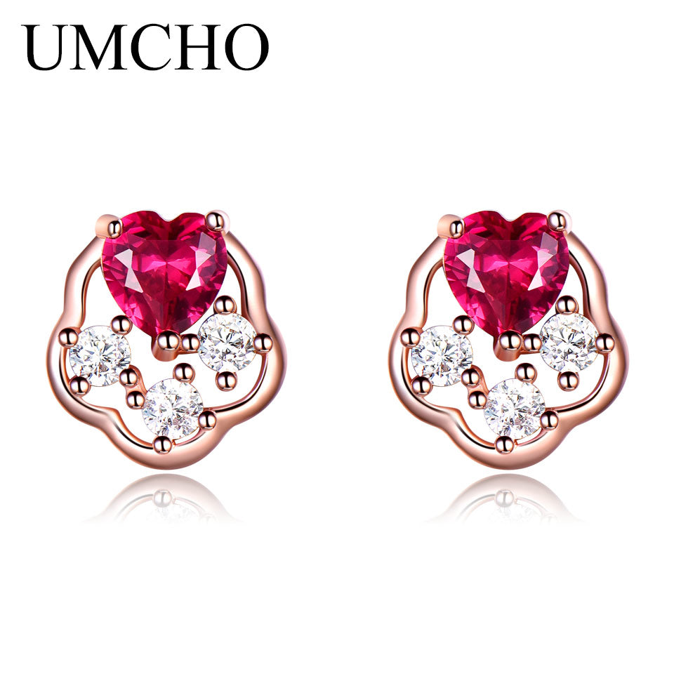 925 Sterling Silver Jewelry Created Red Ruby Heart Flower Stud Earrings For Lover Anniversary Romantic Gifts Fine Jewelry