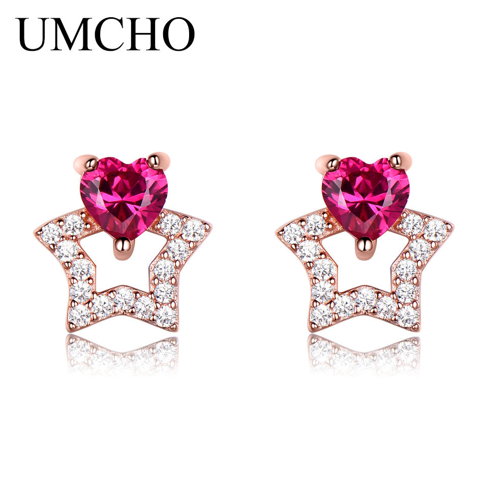 925 Sterling Silver Jewelry Created Red Ruby Heart Start Stud Earrings For Lover Anniversary Romantic Gifts Fine Jewelry