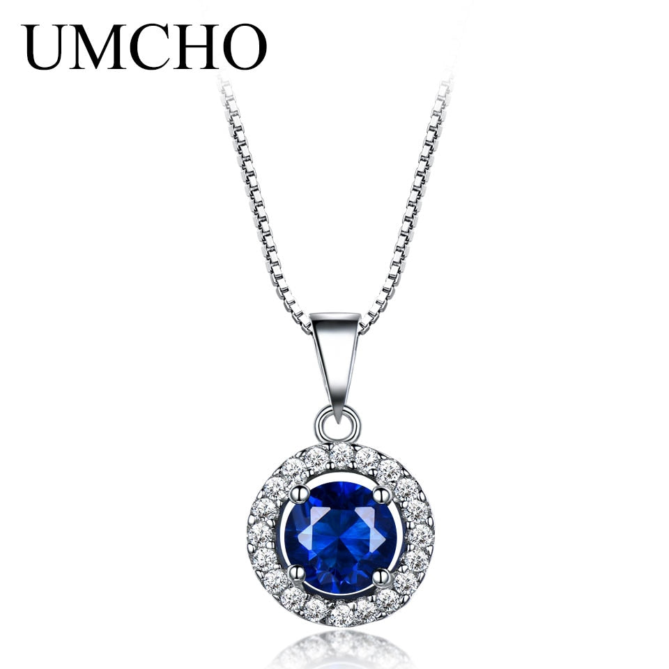 925 Sterling Silver Jewelry Created Round Blue Sapphire Necklace For Women Wedding Gift With Box Chain Brand Fine Jewelry