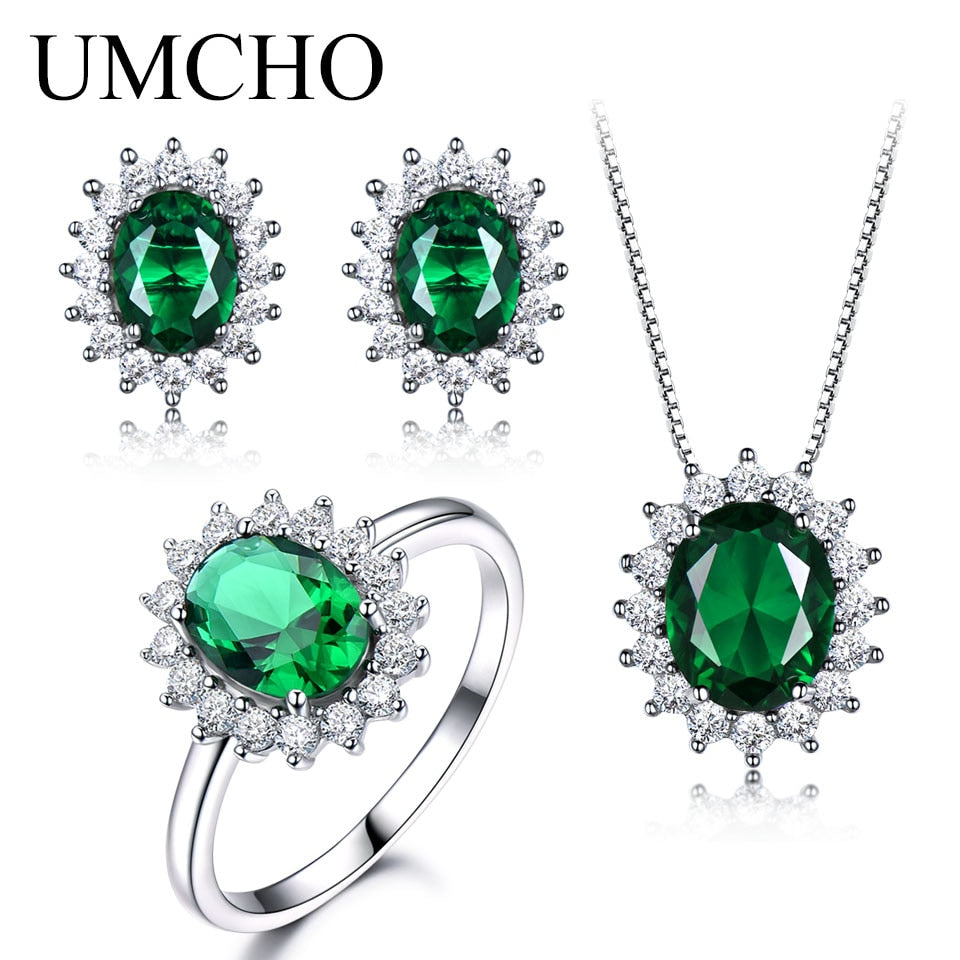 925 Sterling Silver Jewelry Set Nano Green Emerald Ring Pendant Stud Earrings For Women Brand Fine Jewelry Top Quality