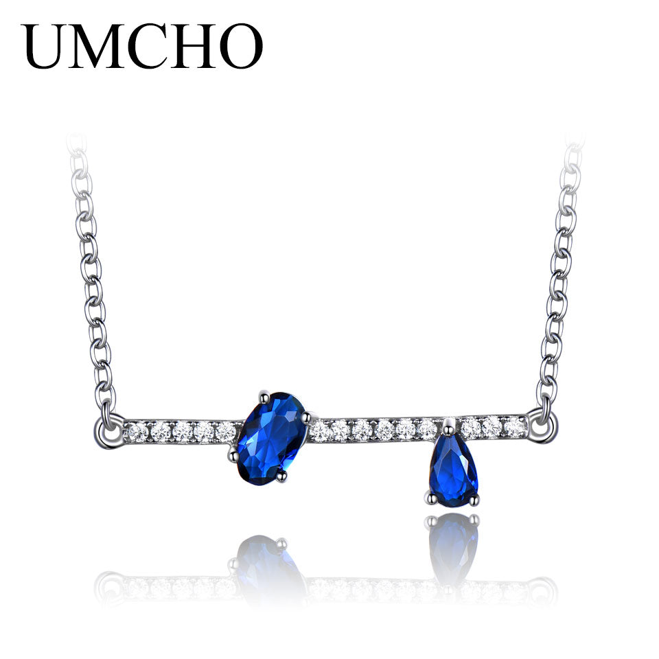 Genuine 925 Silver Jewelry Irregular Oval Created Blue Sapphire Chains Necklaces Pendants For Women Engagement Gifts