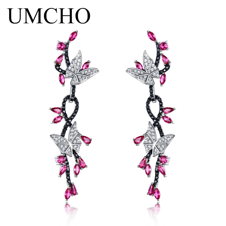 Luxury Butterfly Real 925 Sterling Silver Jewelry Created Ruby Black Spinel Earrings Gifts For Women Fine Jewelry