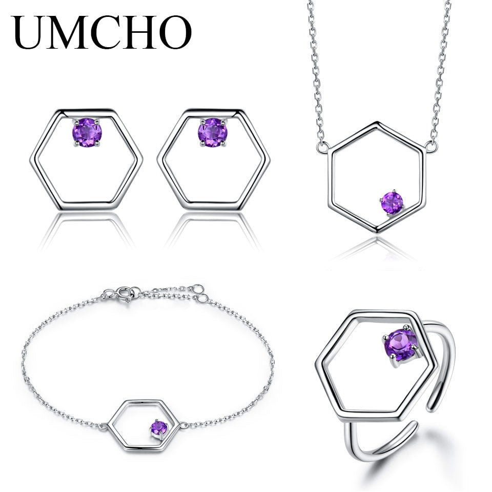 Natural Amethyst Gemstone Jewelry Set Real 925 Sterling Silver Necklace Ring Earrings Bracelet For Women Fine Jewelry
