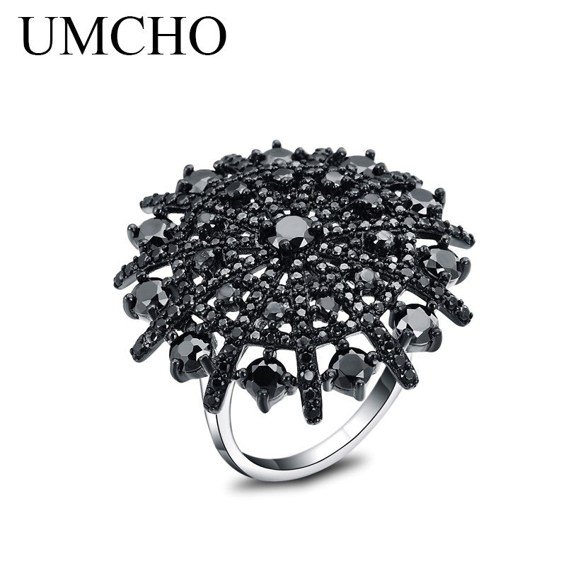 Natural Gemstone Natural Black Spinel Ring Solid 925 Sterling Silver Female Cluster Rings For Women Round Jewelry Gift