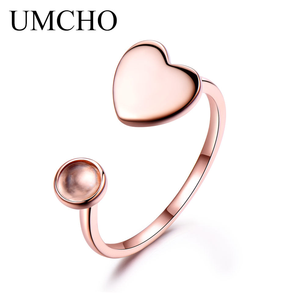 Natural Rose Quartz Silver 925 Jewelry Heart Adjustable 925 Sterling Silver Rings For Women Wedding Party Gift Fashion