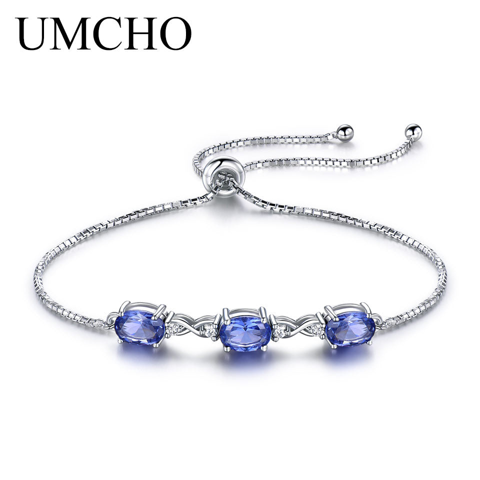 Oval Created Tanzanite Gemstone Bracelets & Bangles Real 925 Sterling Silver Charm Bracelets For Women Free Expansion