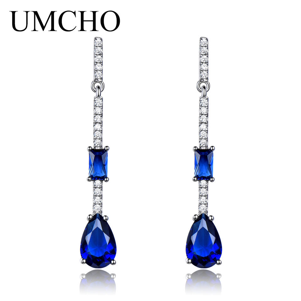 Pure 925 Sterling Silver Drop Earrings For Women Blue Sapphire Earrings Gemstone Wedding Engagement Party Jewelry