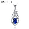 Real 100% 925 Sterling Silver Necklace Gemstone Created Blue Sapphire Necklaces & Pendants For Women Gift With Box Chain