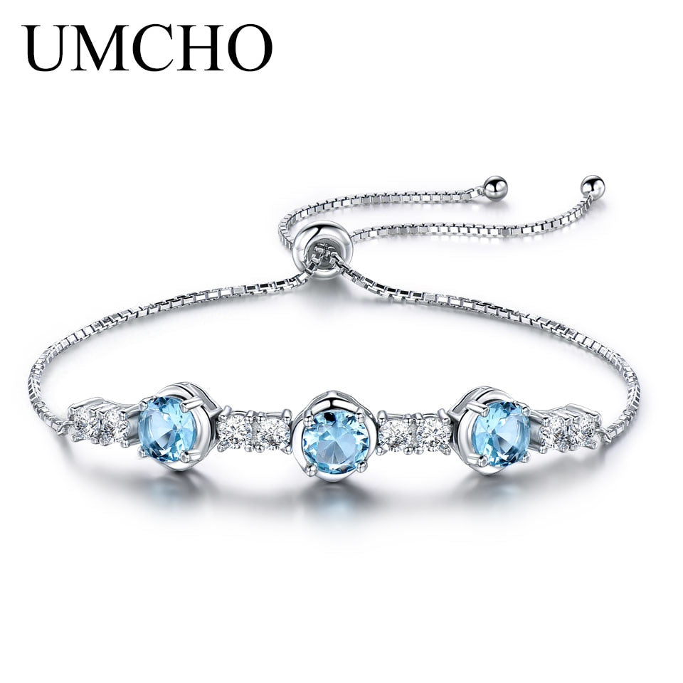 Real 925 Sterling Silver Bracelets & Bangles For Women Natural Sky Blue Topaz Adjustable Tennis Charm Fine Jewelry New